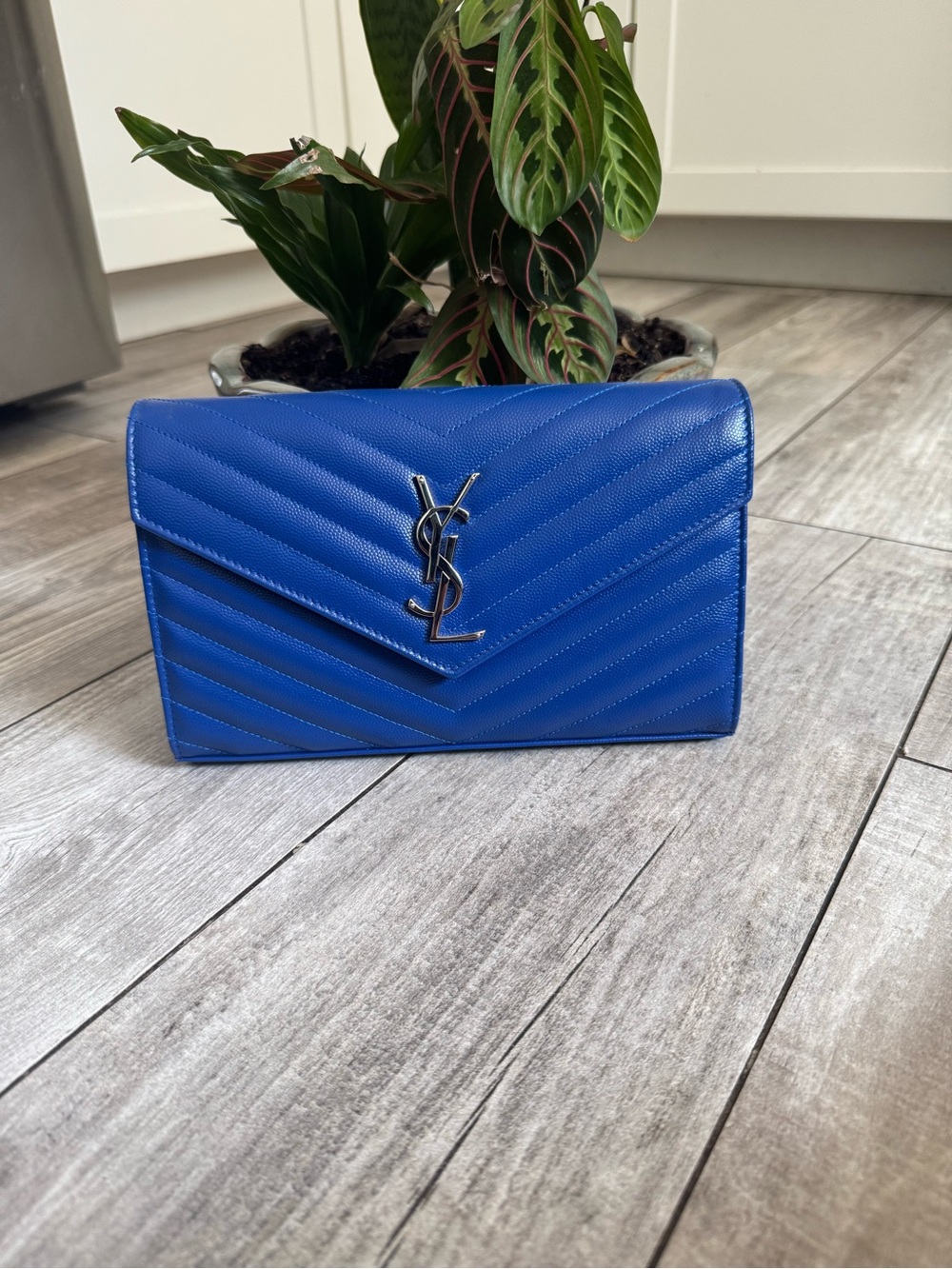 Saint Laurent Blue Quilted Envelope Wallet on Chain